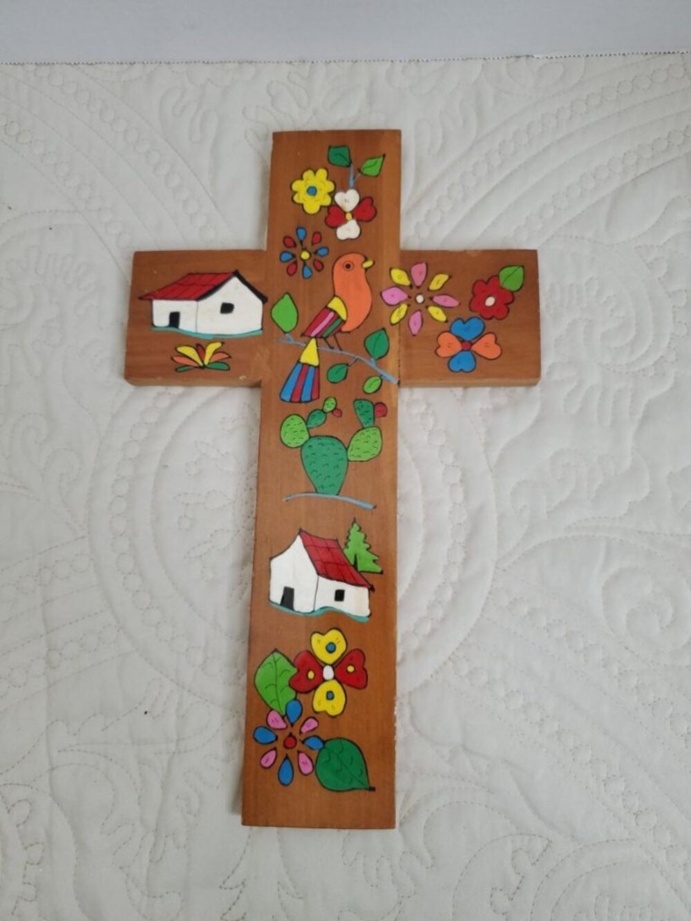 Painted Wood Cross Folk Art Christianity 11.5" El Salvador Hand Painted